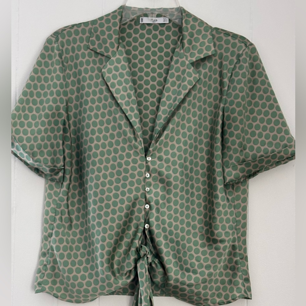 MNG Suit Women's Polka Dot Cuffed Short Sleeve Tie Front Blouse Size Large - Picture 3 of 8